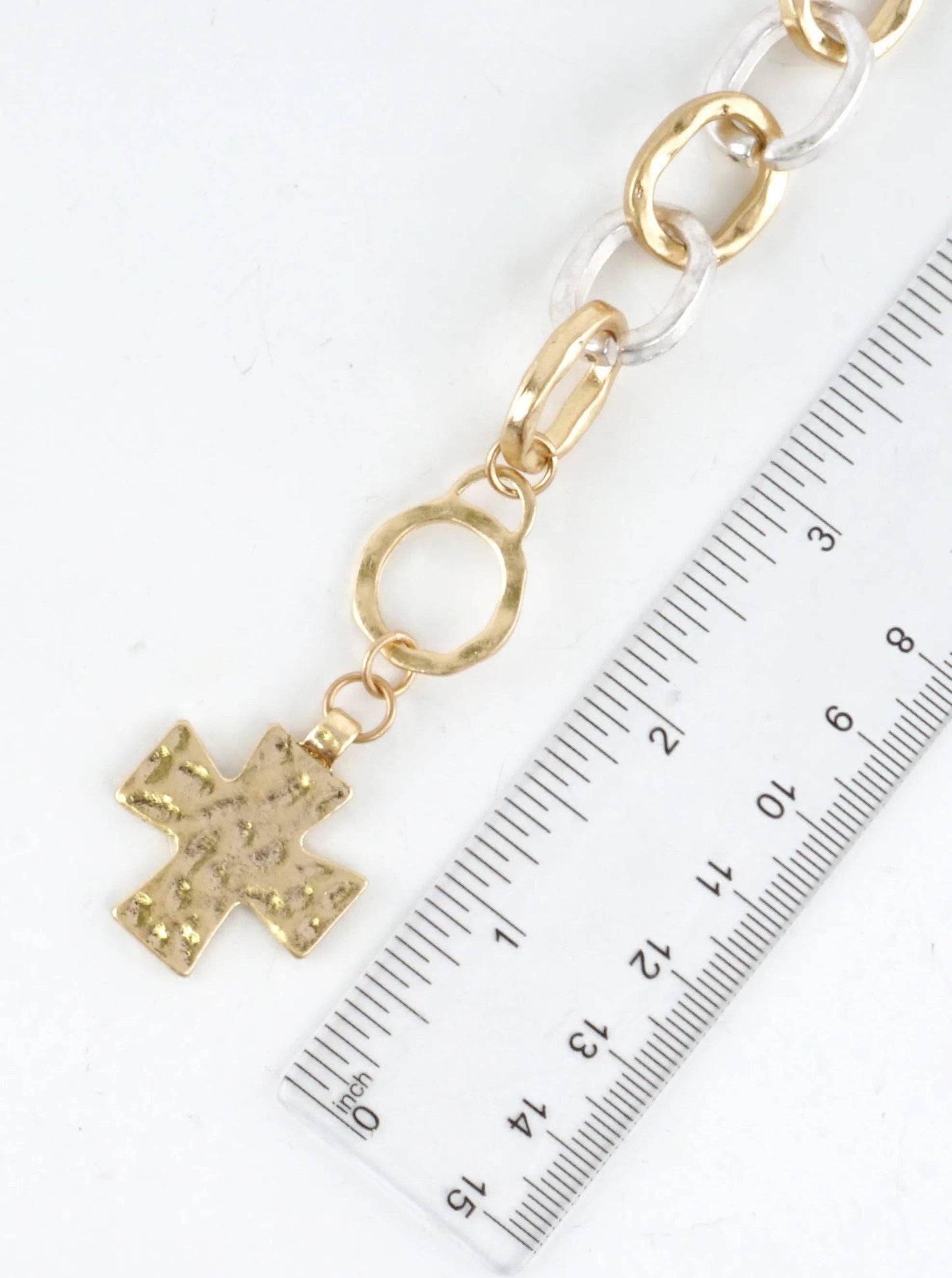 Chunky Hammered Cross Charm Toggle Link Bracelet: Worn Gold