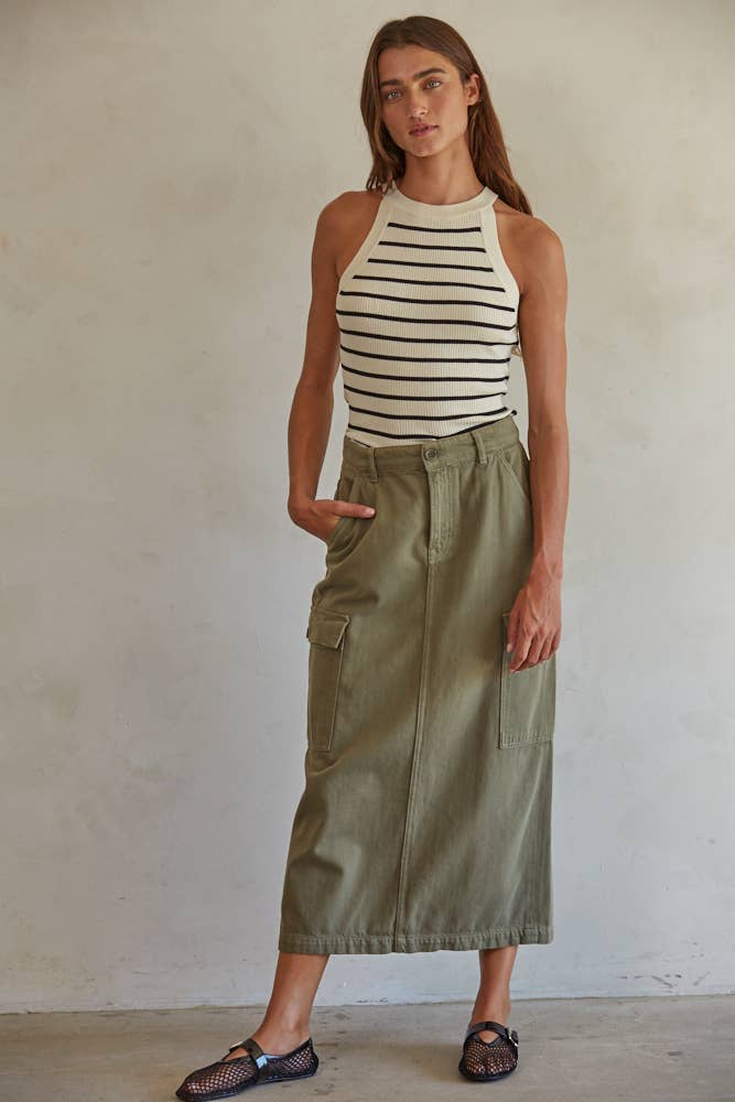 Knit Sweater Ribbed Striped Tank Top: Cream Black