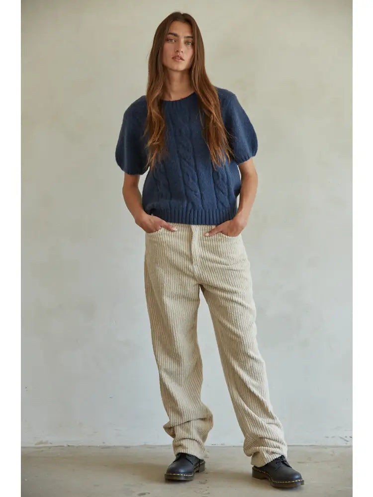 Short Sleeve Knit Sweater - Cable Detail