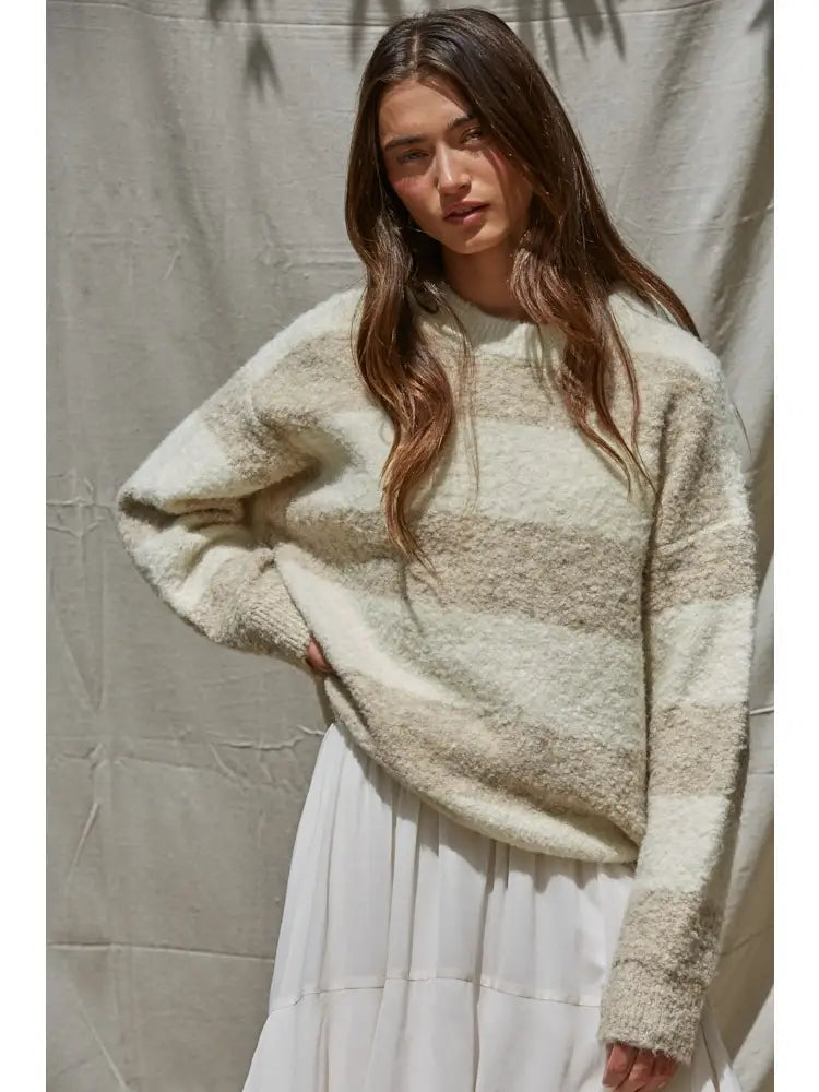 Knit Sweater Striped Crew Neck Textured Pullover