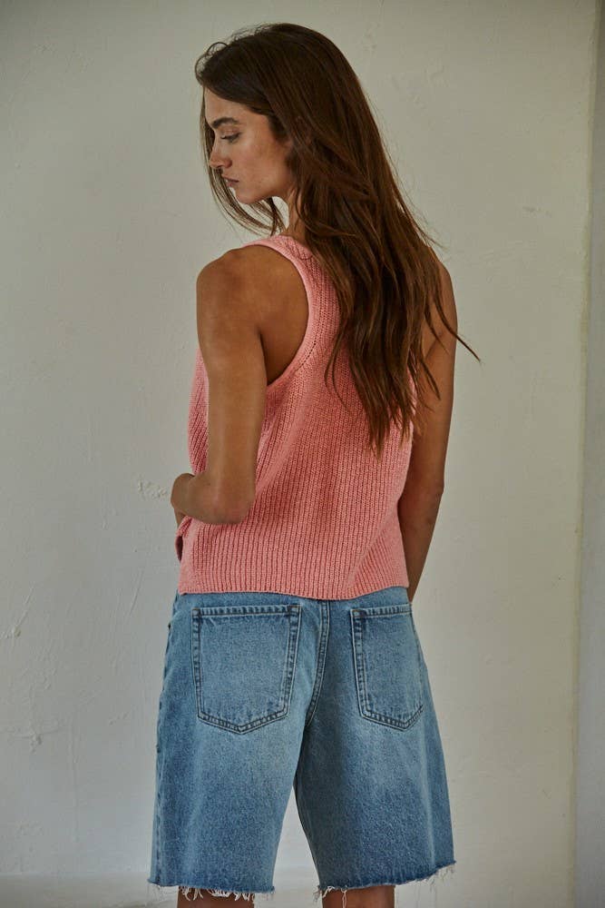 Knit Sweater Cotton V-Neck Sleeveless Tank Top: Cream