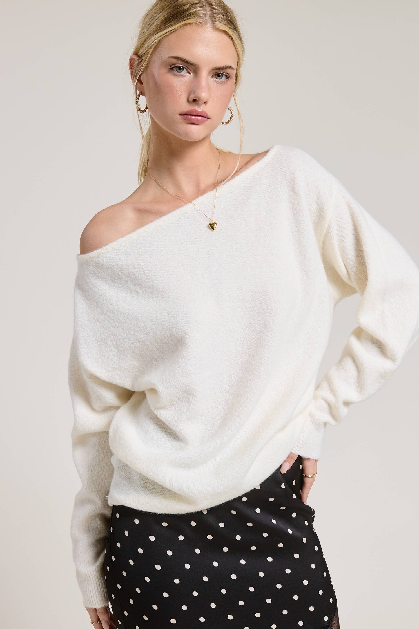 Off Shoulder Cozy Knit Sweater: Ivory