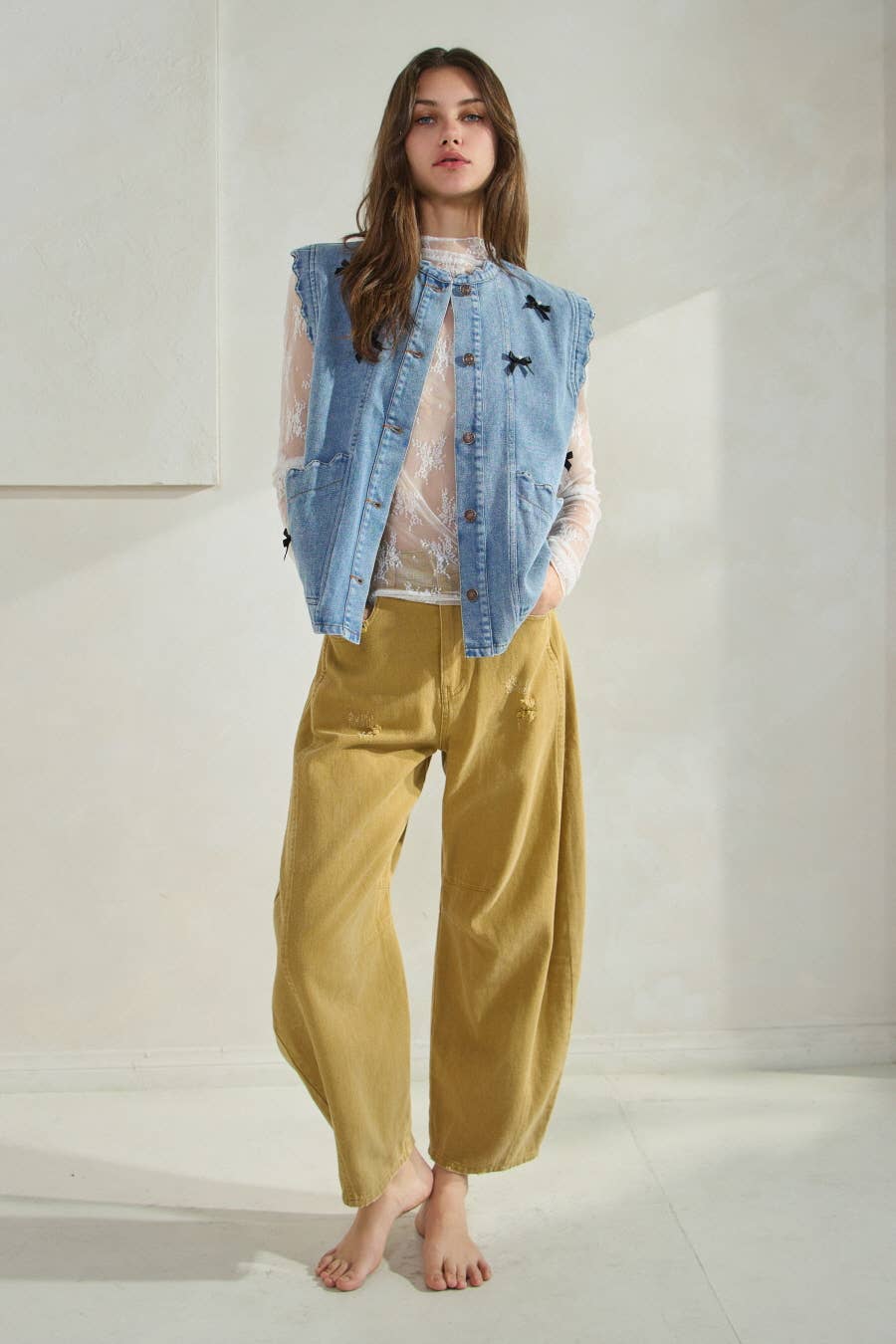 Acid Washed Colored Barrel Denim Pants: Washed Mustard