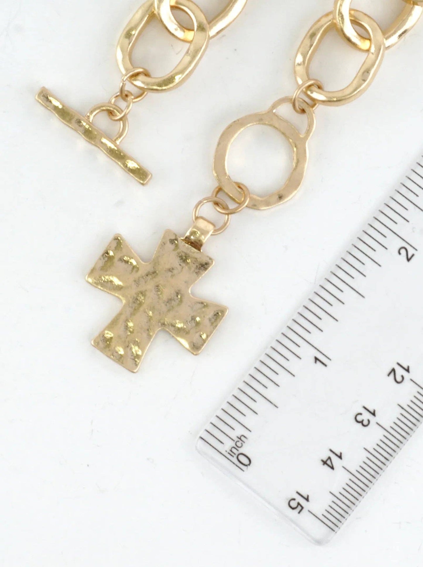 Chunky Hammered Cross Charm Toggle Link Bracelet: Worn Gold