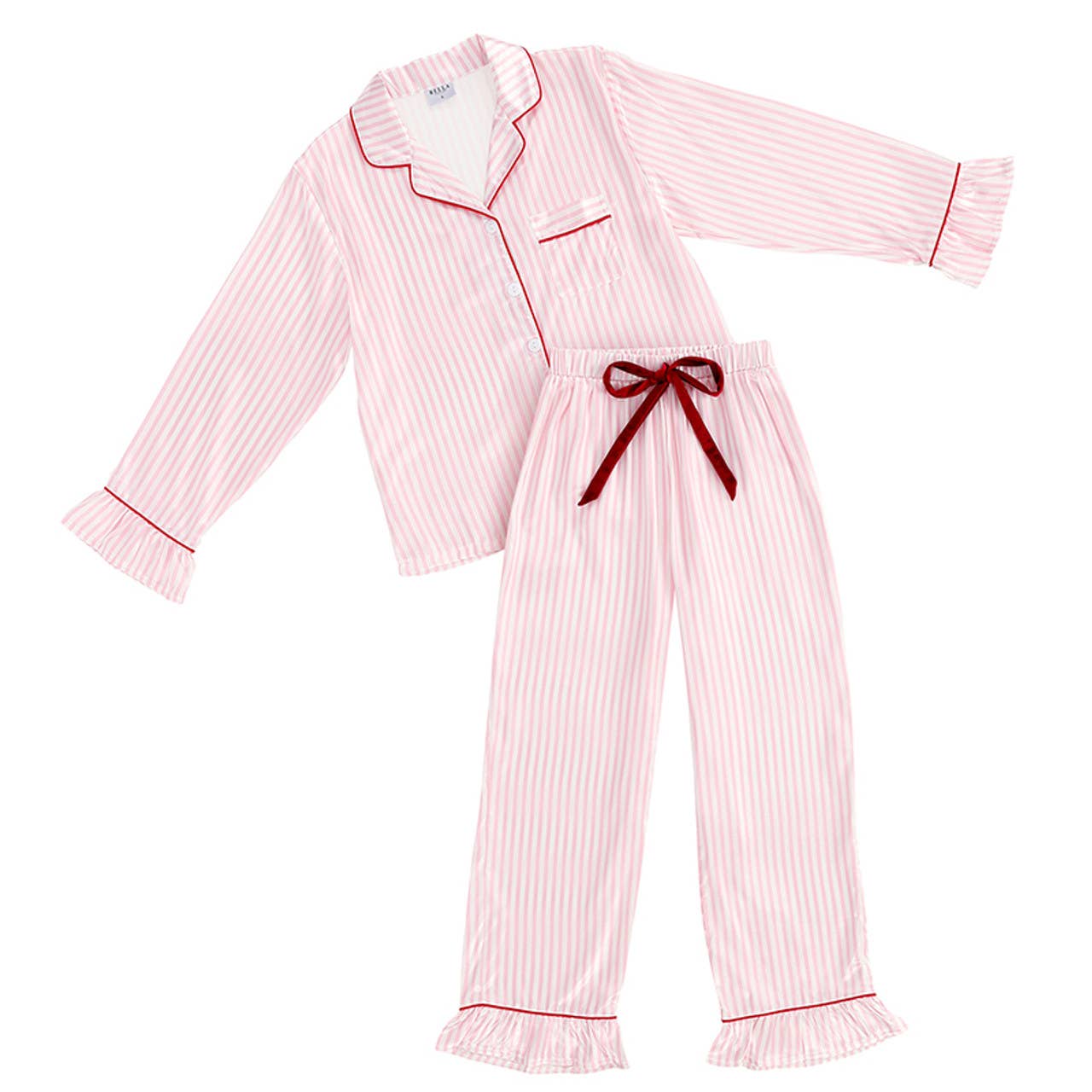Ruffle PJ Set With Velvet Tie: Pink Stripe