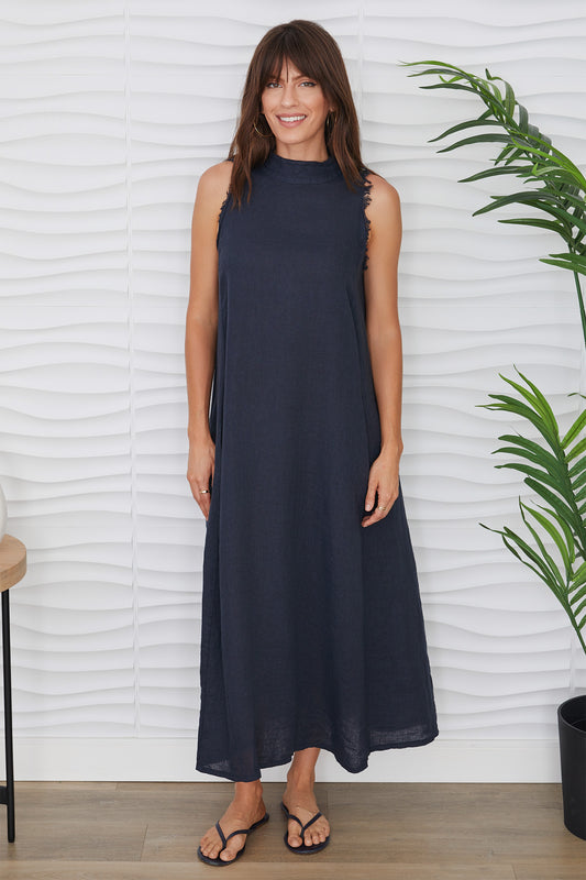 Linen Mock Neck Maxi Dress: Navy