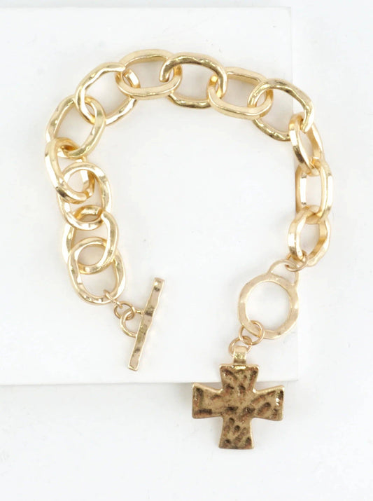 Chunky Hammered Cross Charm Toggle Link Bracelet: Worn Gold