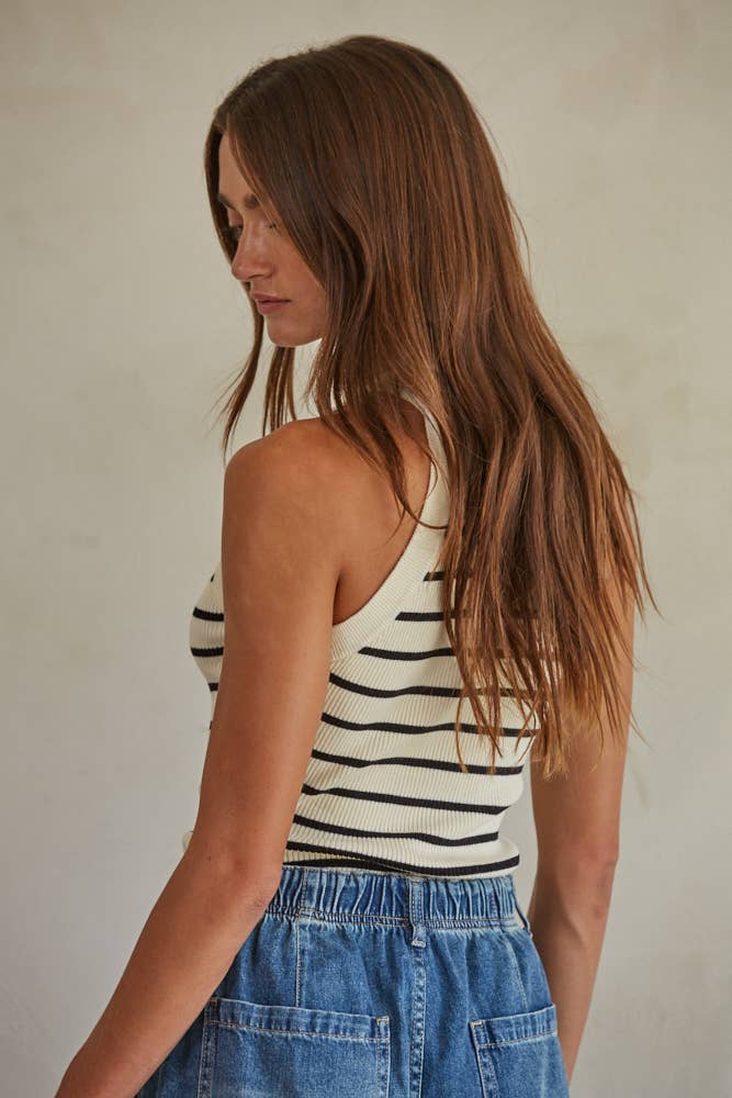 Knit Sweater Ribbed Striped Tank Top: Cream Black