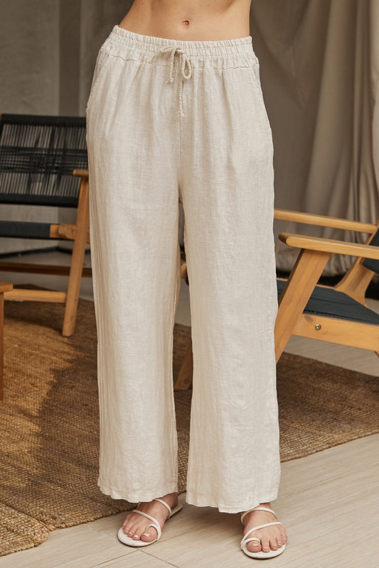 Linen Drawstring Pants: Beige