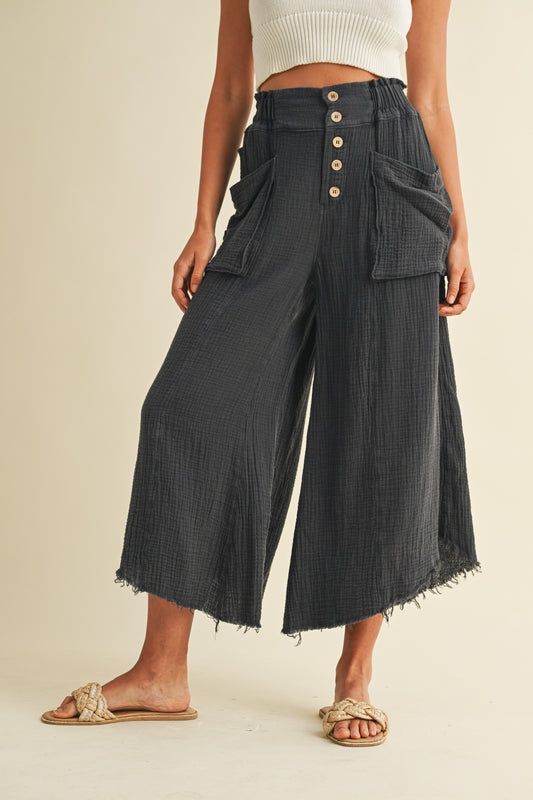 Mineral Washed Fray Hem Wide Pants