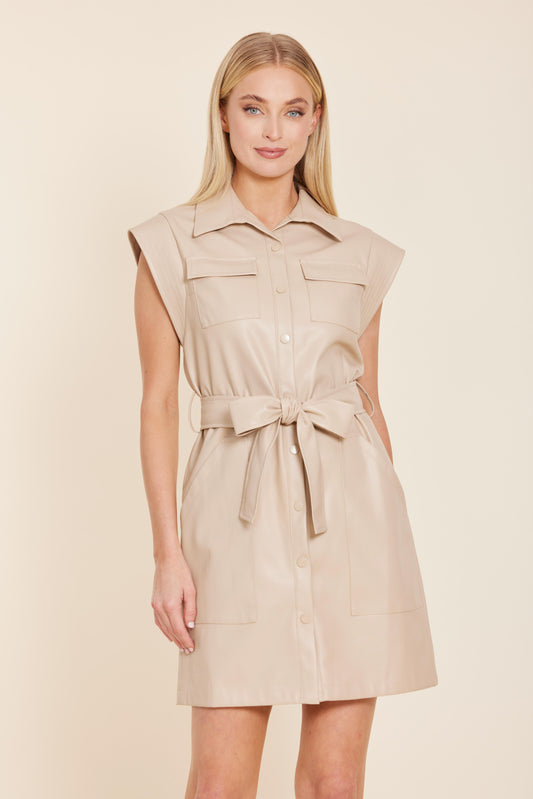Vegan Leather Pleated Dress: Beige