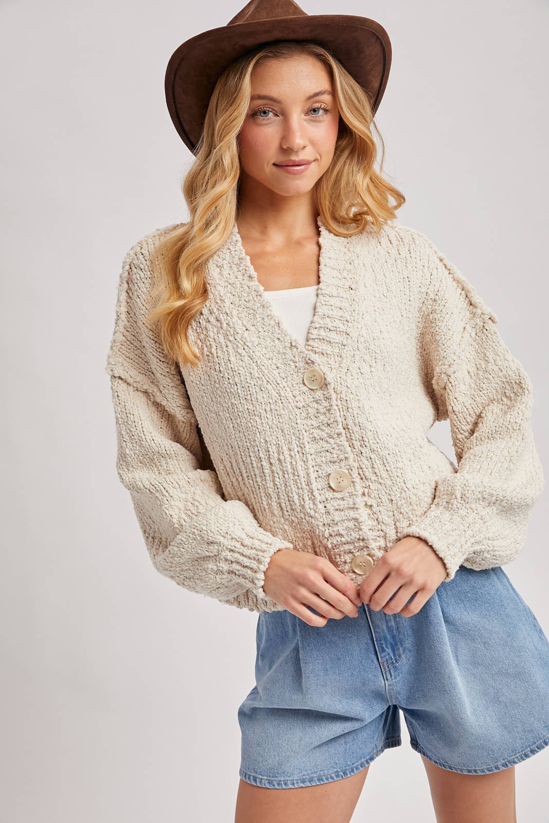 CROPPED POPCORN KNIT SWEATER CARDIGAN: SHELL