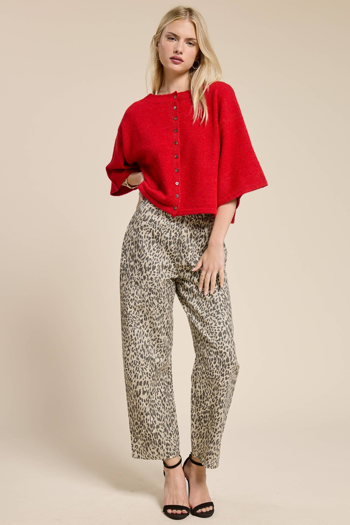 Button Front Short Sleeve Knit Cardigan: Red