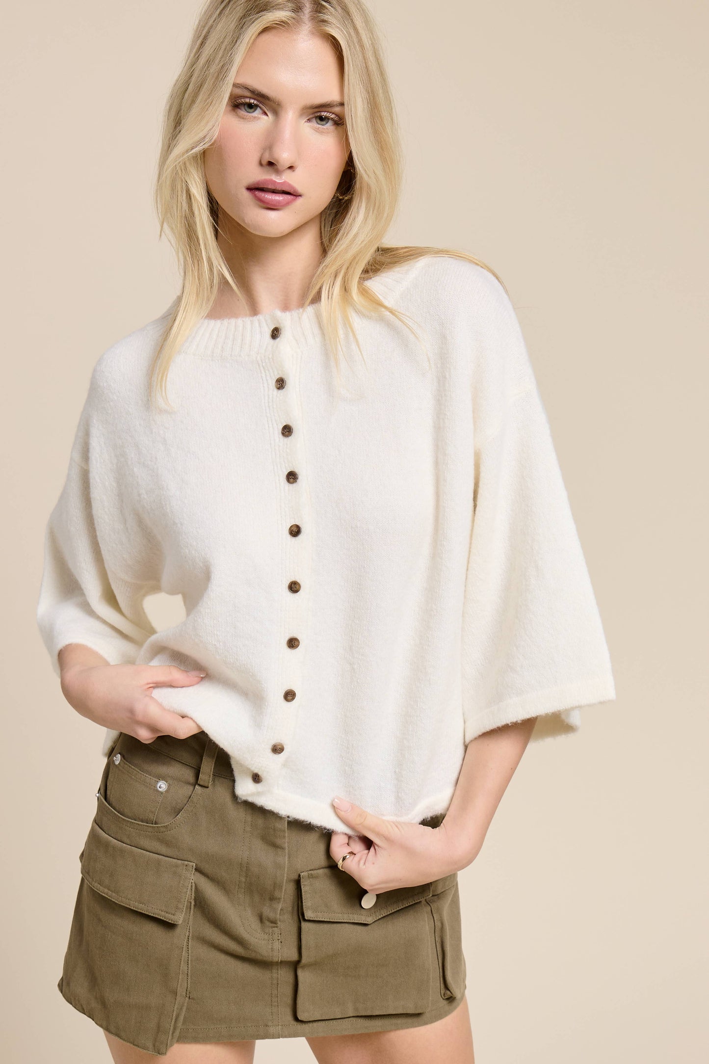 Button Front Short Sleeve Knit Cardigan: Ivory