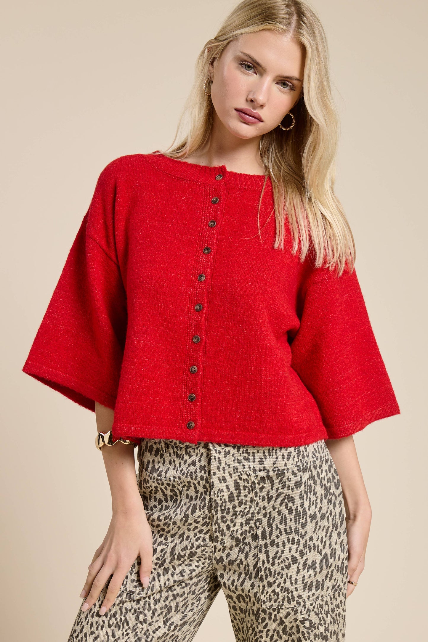 Button Front Short Sleeve Knit Cardigan: Red