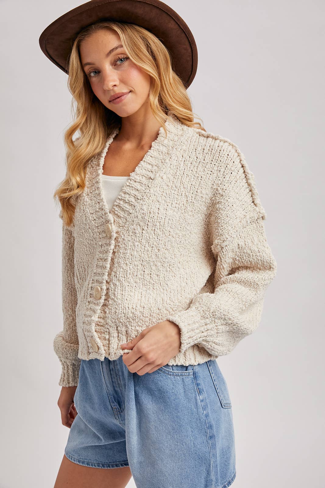 CROPPED POPCORN KNIT SWEATER CARDIGAN: SHELL