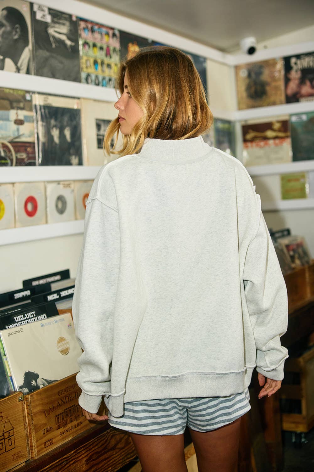 'PILATES & YOGA' Print Reversible Mock Neck Sweatshirt: Ash Grey/Brown