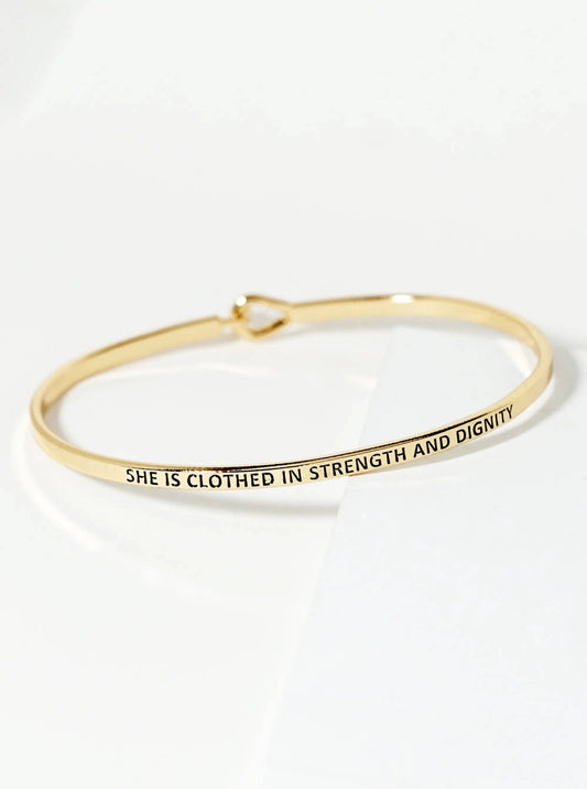 She-Is-Clothed-In-Strength-And-Dignity Engraved Bangle Bracelet: Gold