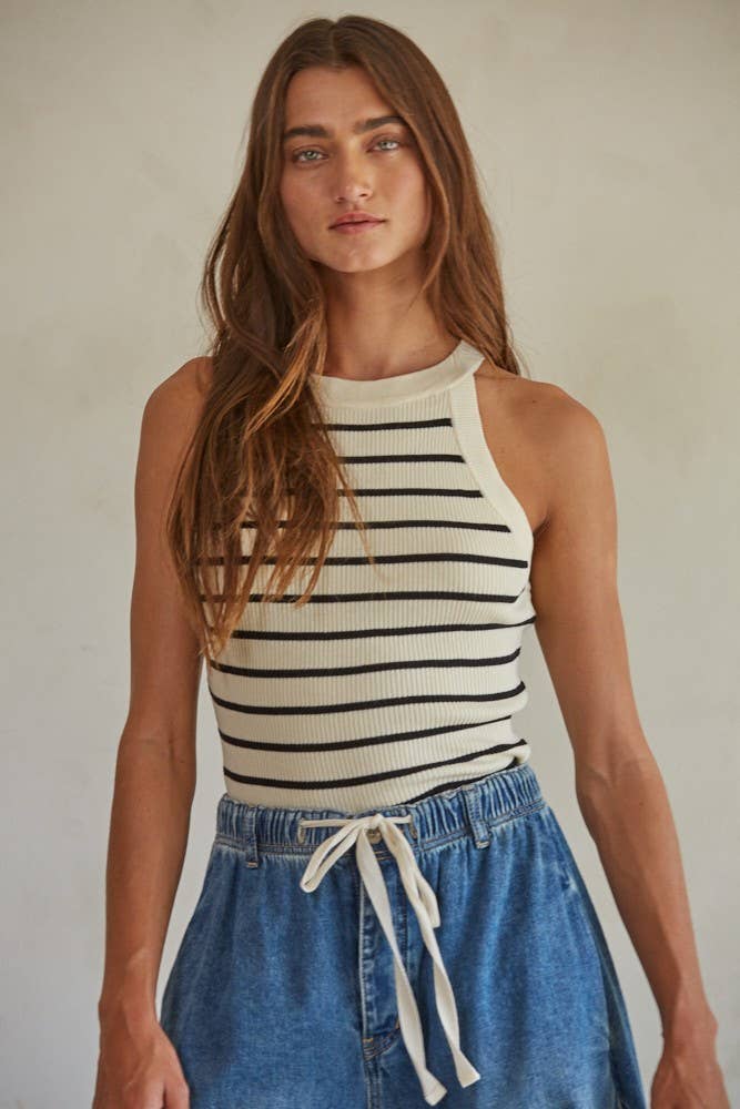Knit Sweater Ribbed Striped Tank Top: Cream Black