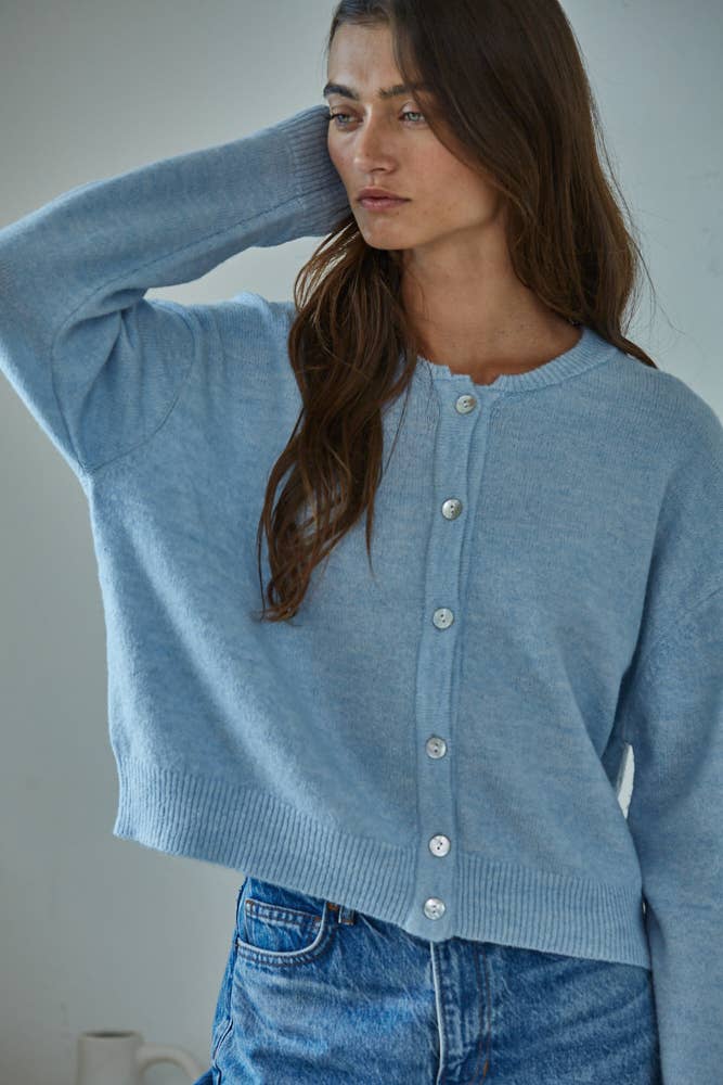 Crew Neck Cardigan: Baby Blue