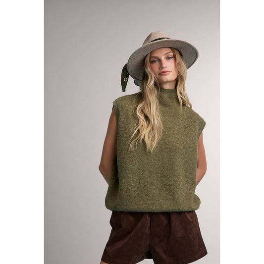 Mock Neck Sleeveless Sweater: Olive