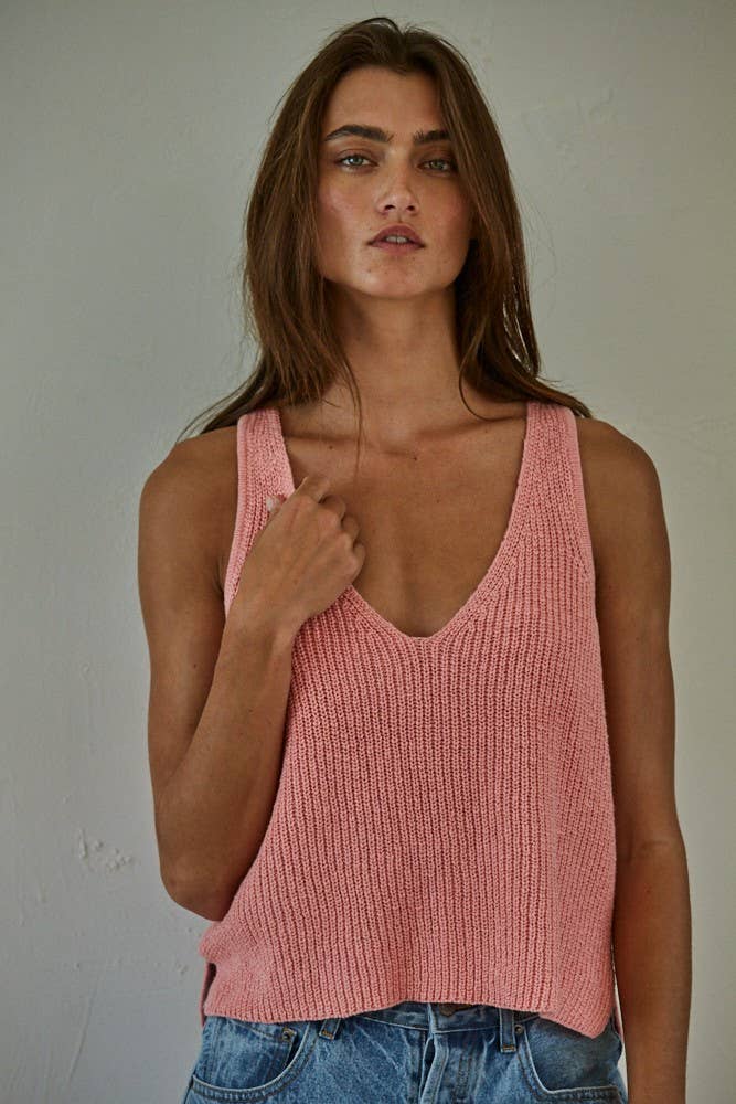Knit Sweater Cotton V-Neck Sleeveless Tank Top: Cream