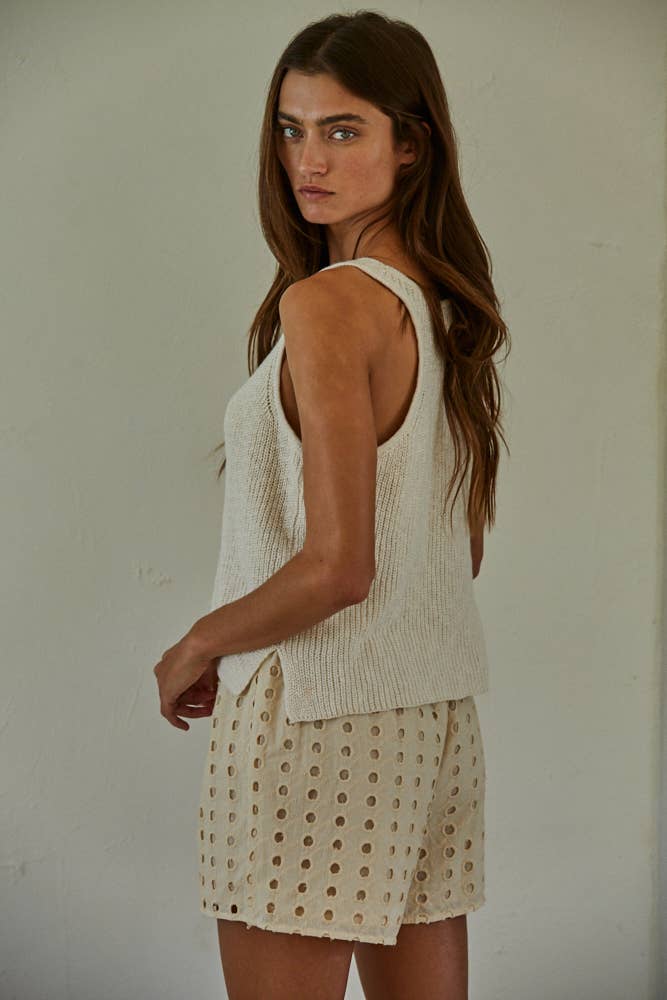 Knit Sweater Cotton V-Neck Sleeveless Tank Top: Cream