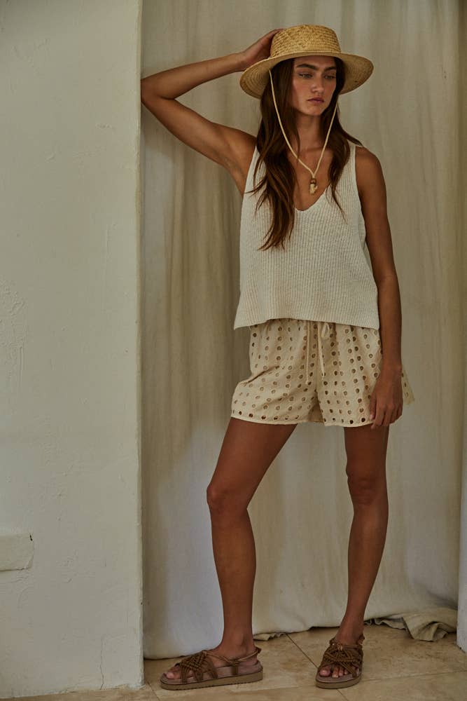 Knit Sweater Cotton V-Neck Sleeveless Tank Top: Cream