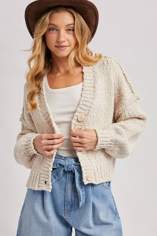 CROPPED POPCORN KNIT SWEATER CARDIGAN: SHELL