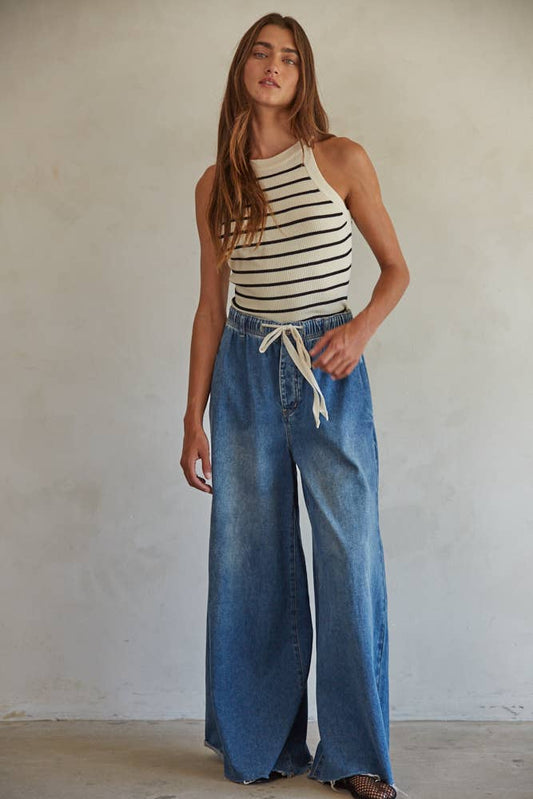 Knit Sweater Ribbed Striped Tank Top: Cream Black