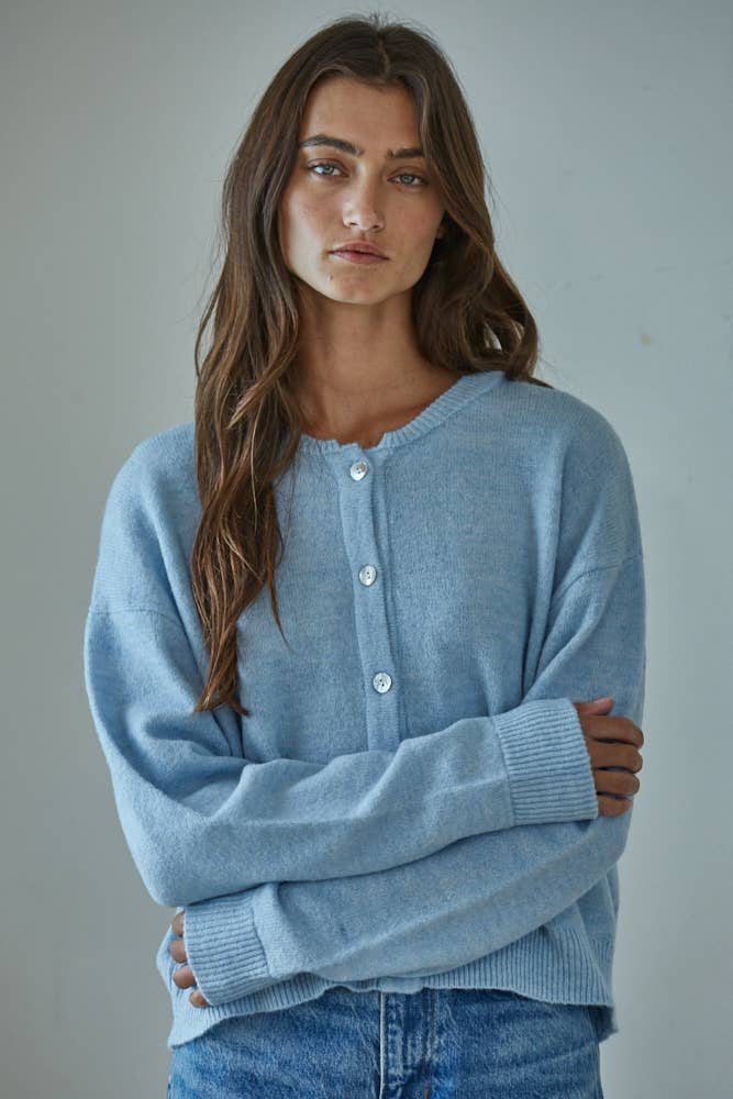 Crew Neck Cardigan: Baby Blue