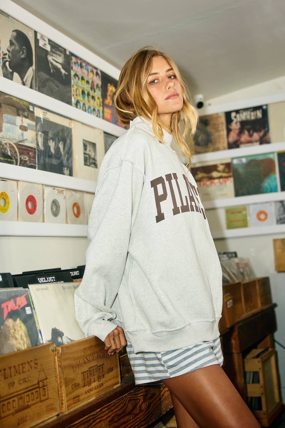 'PILATES & YOGA' Print Reversible Mock Neck Sweatshirt: Ash Grey/Brown