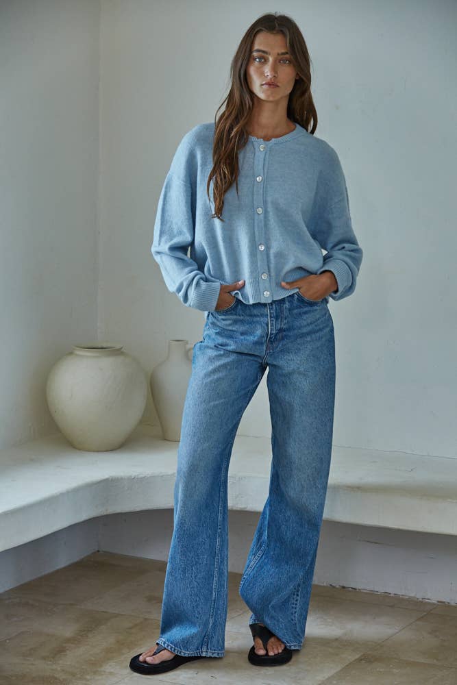 Crew Neck Cardigan: Baby Blue