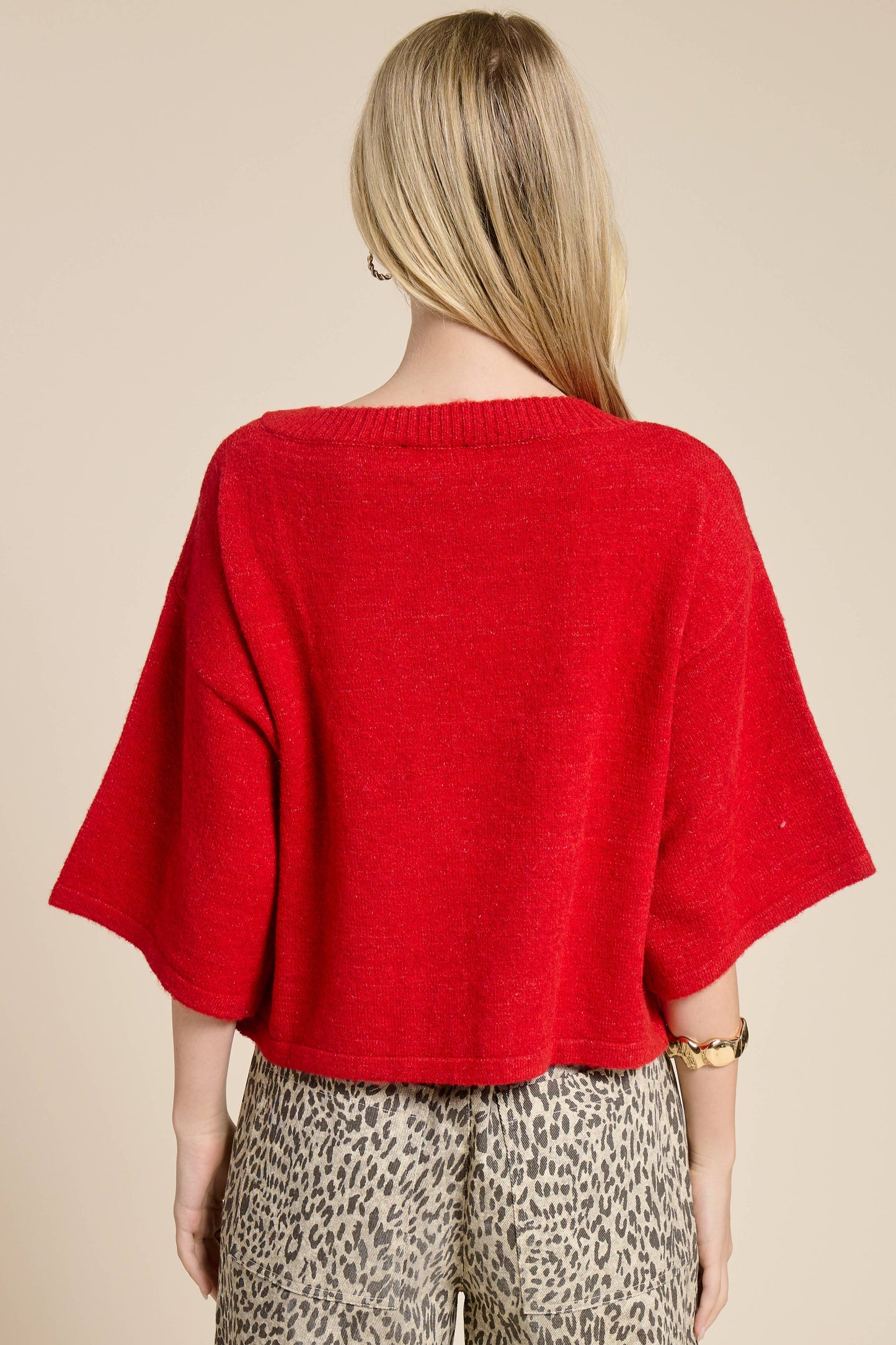 Button Front Short Sleeve Knit Cardigan: Red