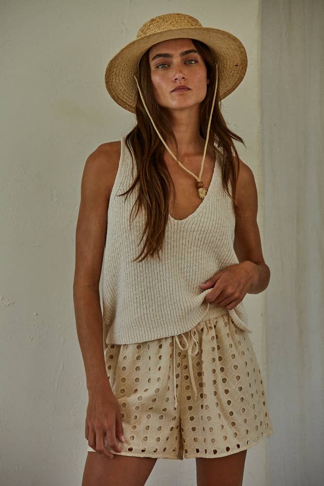 Knit Sweater Cotton V-Neck Sleeveless Tank Top: Cream