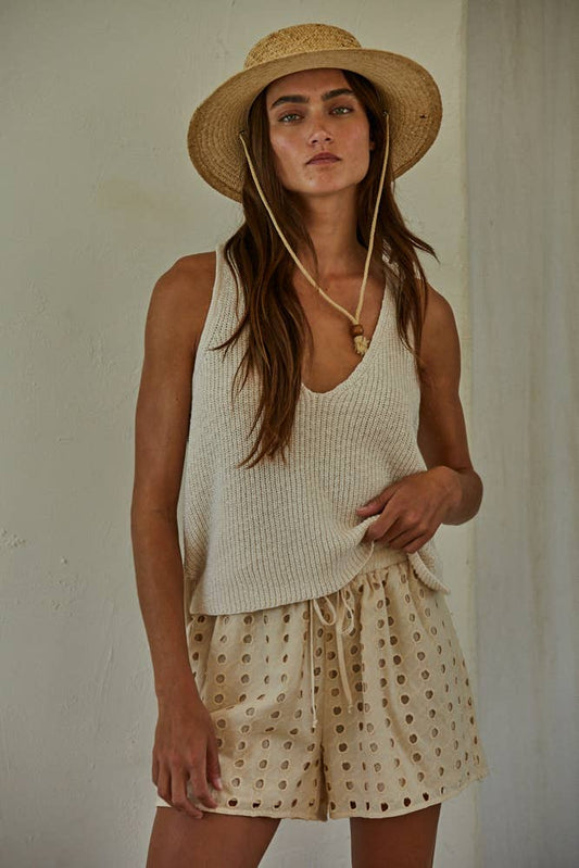 Knit Sweater Cotton V-Neck Sleeveless Tank Top: Cream