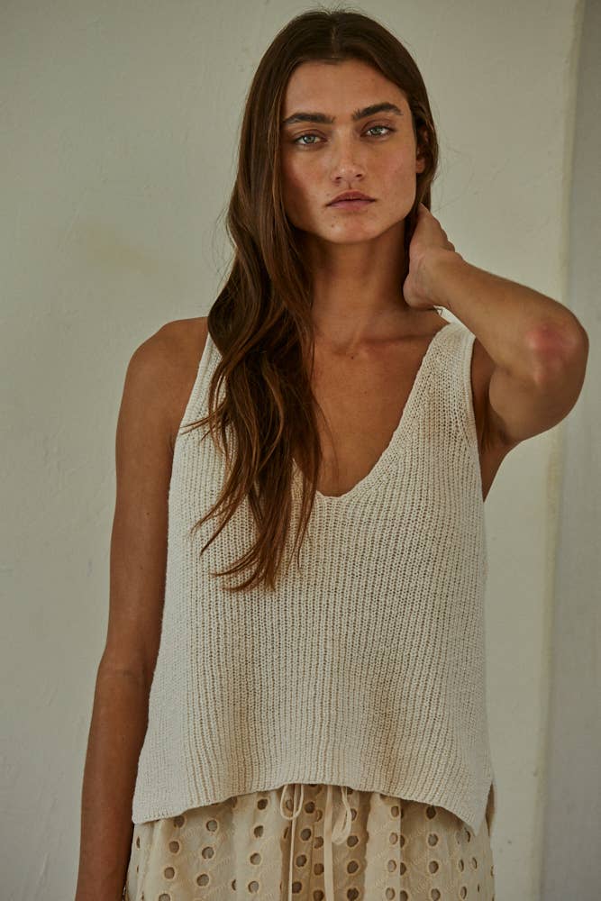 Knit Sweater Cotton V-Neck Sleeveless Tank Top: Cream