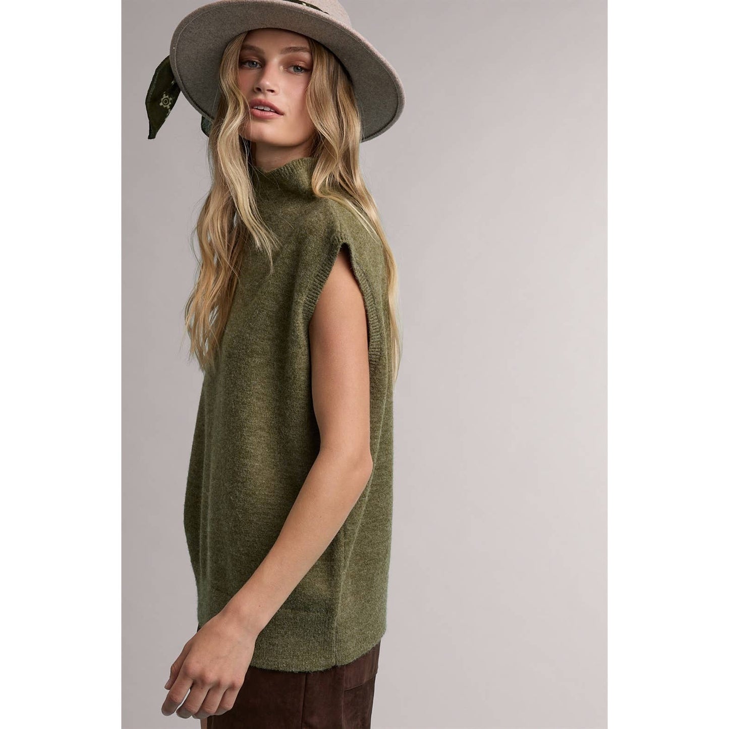 Mock Neck Sleeveless Sweater: Olive